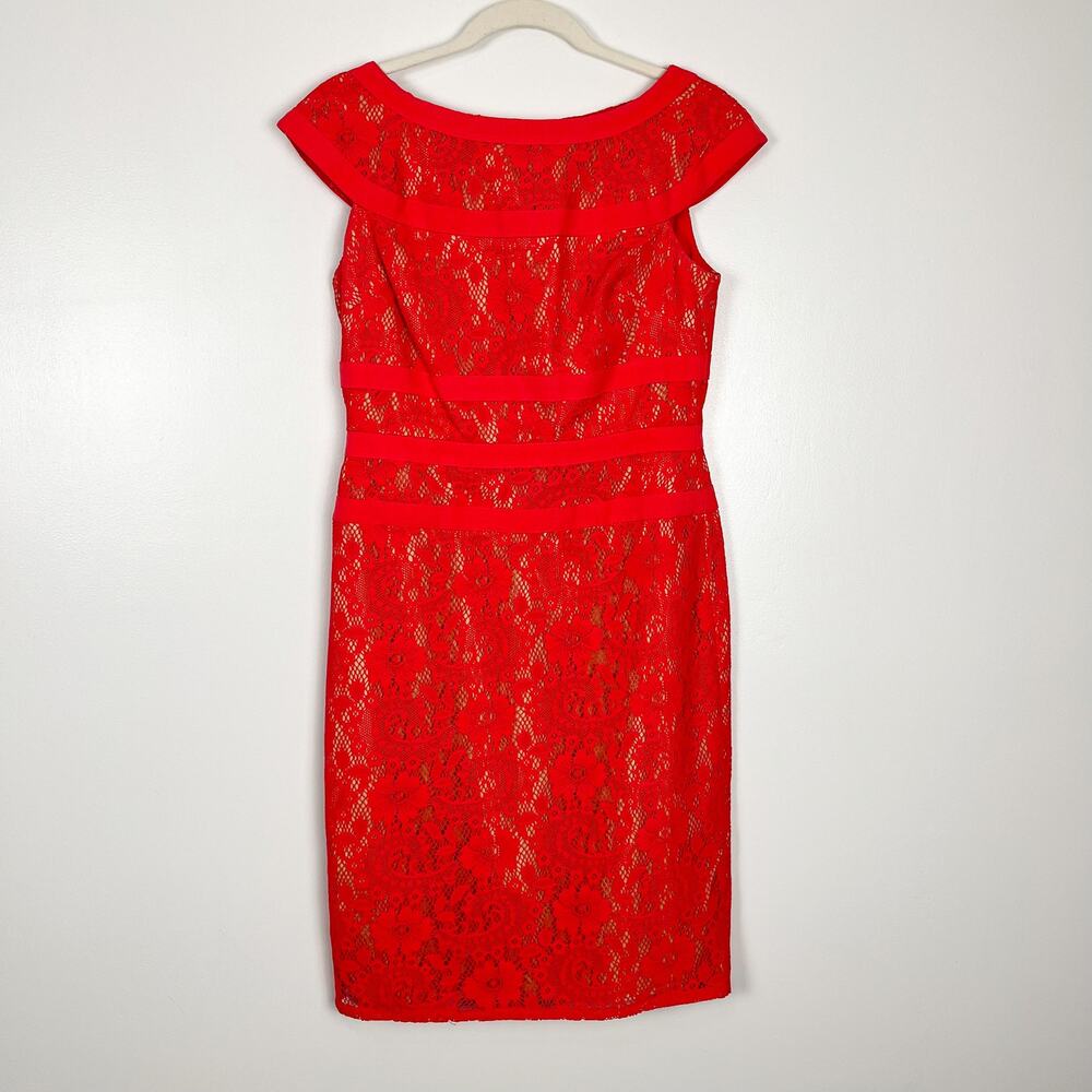 Adrianna Papell Red Coral Lace Sheath Midi Knee Length Cocktail Dress Size US 4